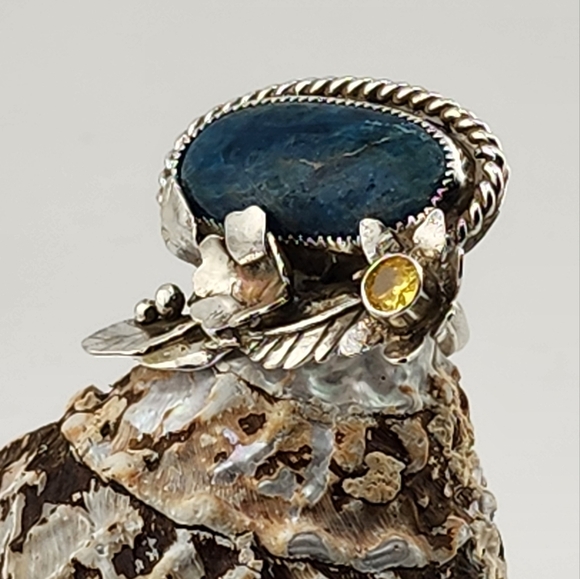 BLUE APATITE & CITRINE FLORAL RING HANDMADE IN RECYCLE STERLING SILVER SZ 8 - Picture 4 of 8